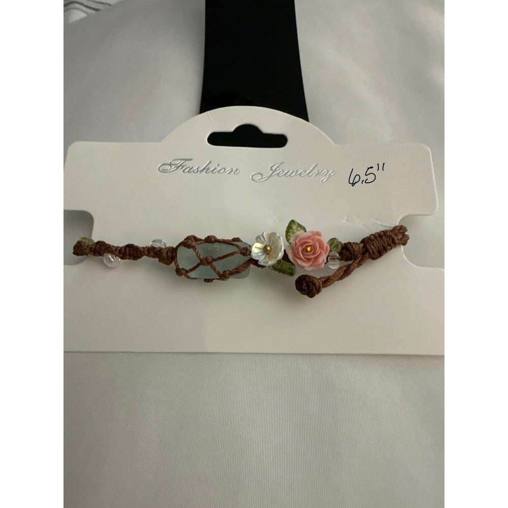 Unbranded Macrame Flower Bracelet Womens 6.5 Brown NWT Sea Glass‎ Rose Boho